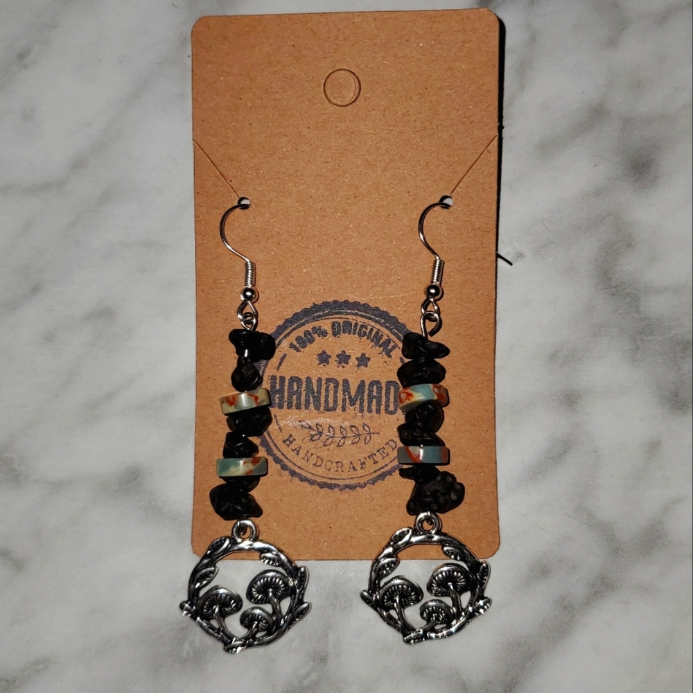 Handmade Mushroom & Stone Dangle Earrings